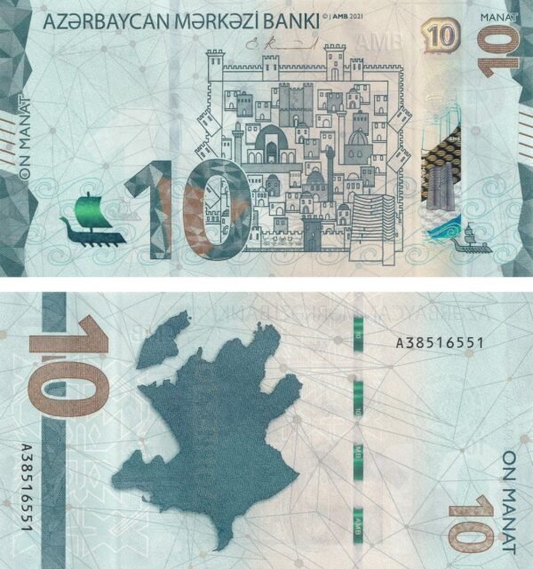Azerbaijan 10 Manat 2021 P-40 UNC Banknote – Obverse and Reverse