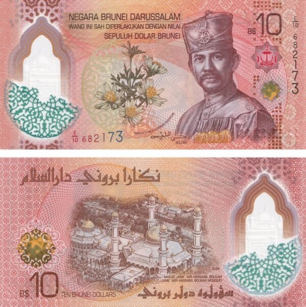 Brunei 10 Dollar 2024 P-43 UNC Banknote – Obverse and Reverse