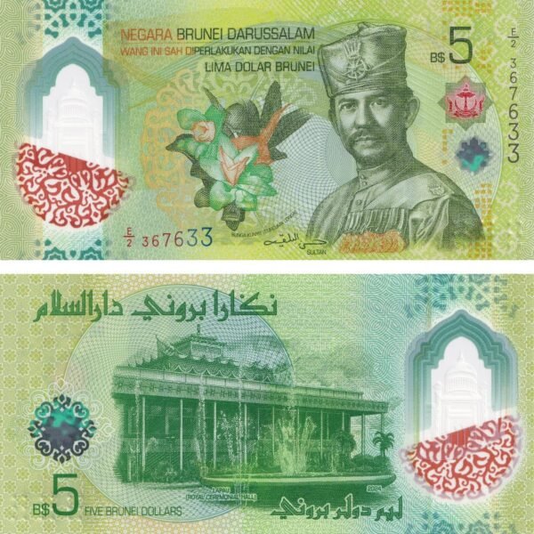 Brunei 5 Dollar 2024 P-42 UNC Banknote – Obverse and Reverse