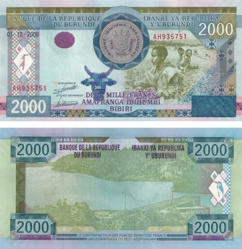 Burundi 2000 Francs 2008 P-47 UNC Banknote – Obverse and Reverse