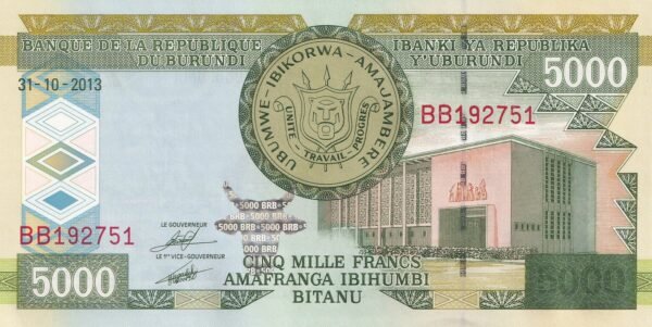 Burundi 5000 Francs 2013 P-48c UNC Banknote – Obverse