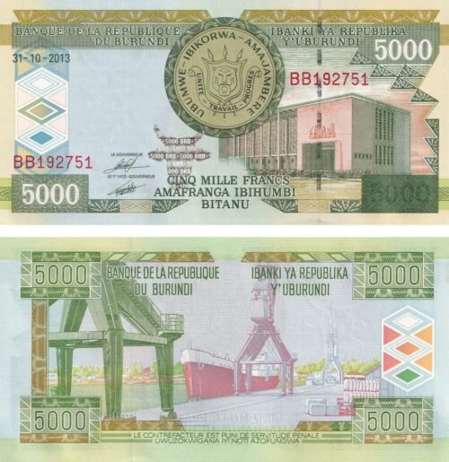 Burundi 5000 Francs 2013 P-48c UNC Banknote – Obverse and Reverse