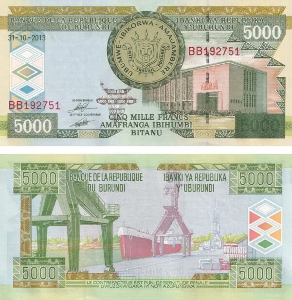 Burundi 5000 Francs 2013 P-48c UNC Banknote – Obverse and Reverse