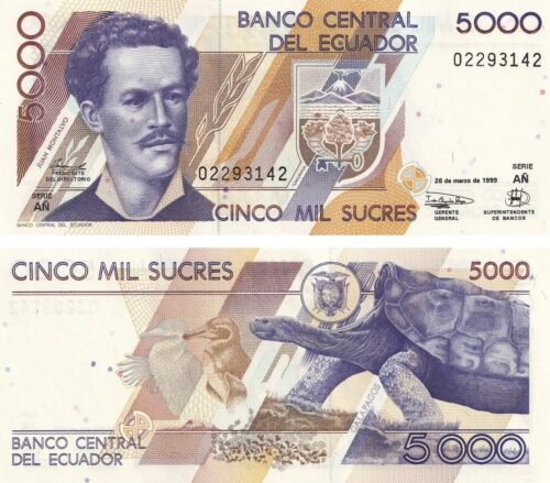 ecuador-5000-sucres-1999-03-26-p-128c-unc-obverse-reverse Ecuador 5000 Sucres 1999-03-26 P-128c UNC Banknote – Obverse and Reverse