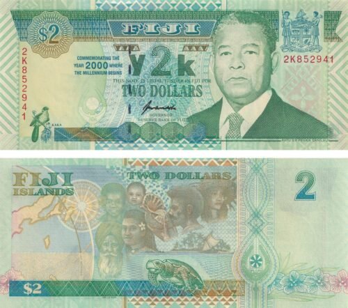 Fiji 2 Dollars 2000 P-102 UNC Banknote – Obverse and Reverse
