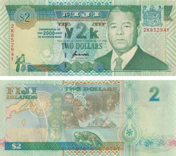Fiji 2 Dollars 2000 P-102 UNC Banknote – Obverse and Reverse