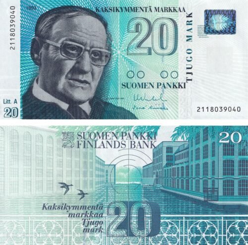 Finland 20 Markka 1993 P-123(8) UNC Banknote – Obverse and Reverse