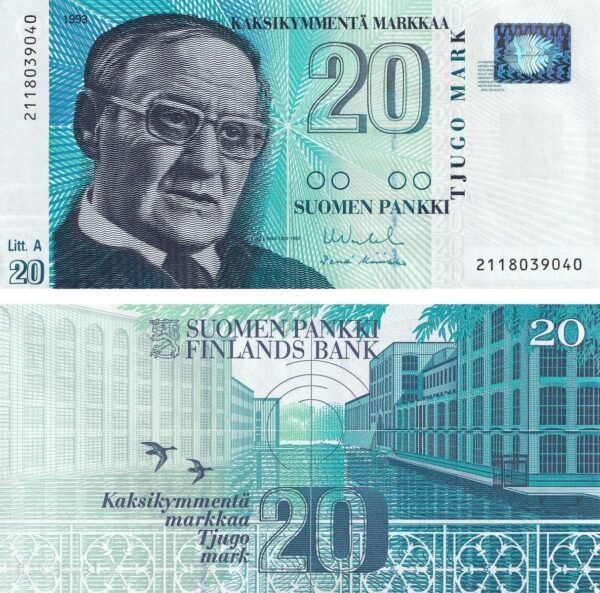Finland 20 Markka 1993 P-123(8) UNC Banknote – Obverse and Reverse