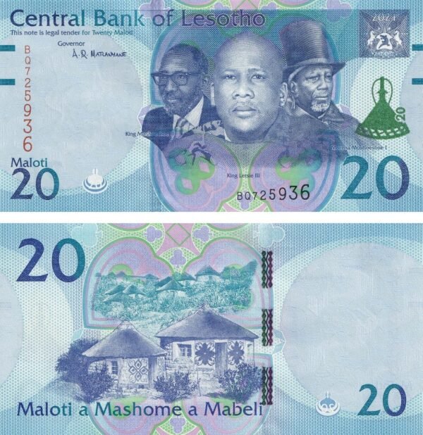 Lesotho 20 Maloti 2021 P-27 UNC Banknote – Obverse and Reverse