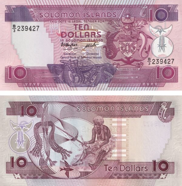 Solomon Islands 10 Dollars 1986 P-15 UNC Banknote – Obverse and Reverse