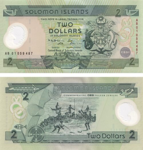 Solomon Islands 2 Dollars 2001 P-23 UNC Banknote – Obverse and Reverse