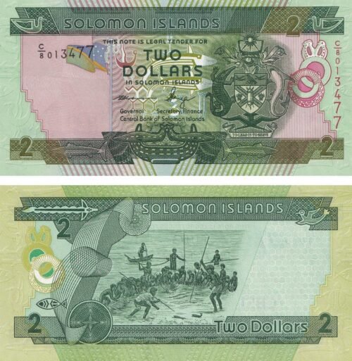 Solomon Islands 2 Dollars 2008 P-25(2) UNC Banknote – Obverse and Reverse