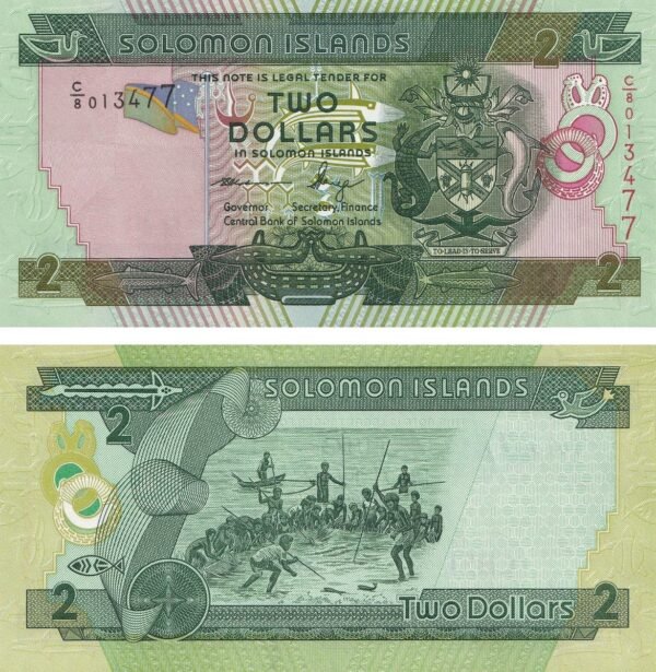 Solomon Islands 2 Dollars 2008 P-25(2) UNC Banknote – Obverse and Reverse