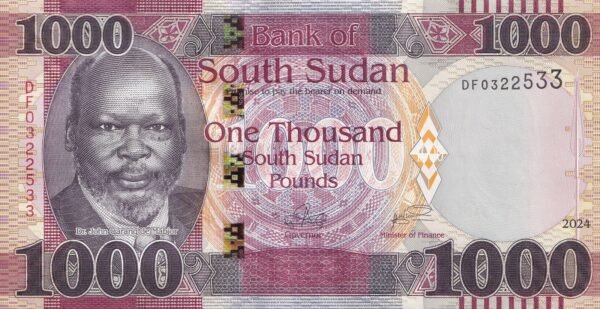South Sudan 1000 Pounds 2024 P-21 UNC Banknote – Obverse