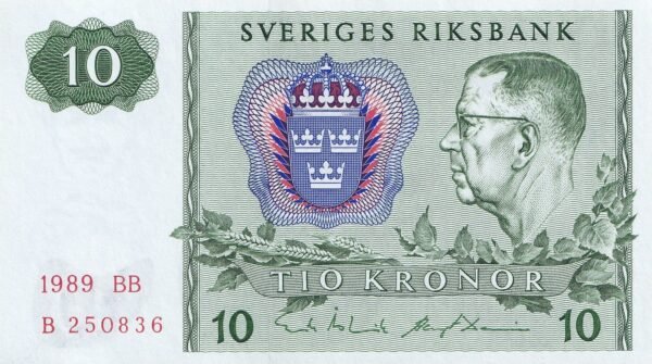 Sweden 10 Kronor 1989 P-52e UNC Banknote – Obverse
