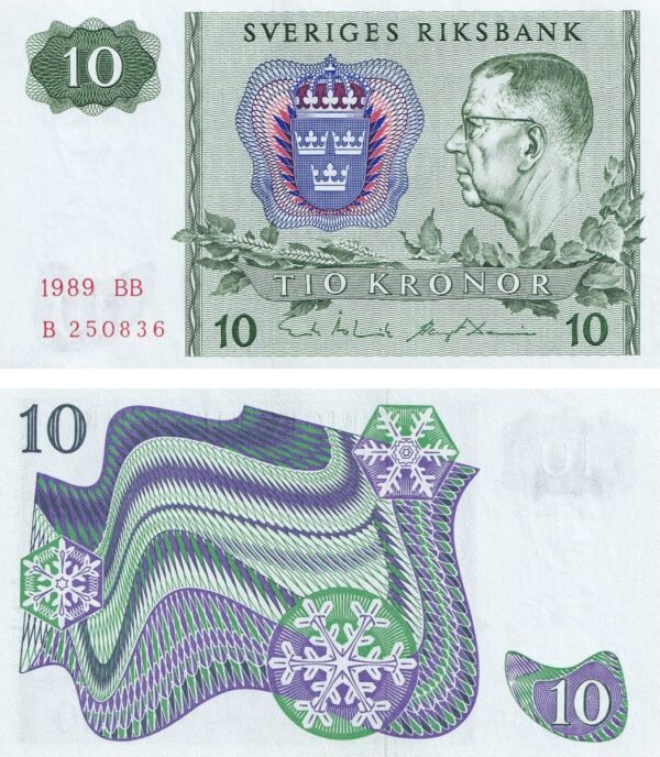 Sweden 10 Kronor 1989 P-52e UNC Banknote – Obverse and Reverse