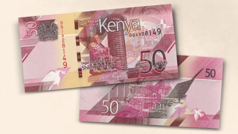 Kenya fifty-shilling banknote shown front and back in an editorial security-feature composition.