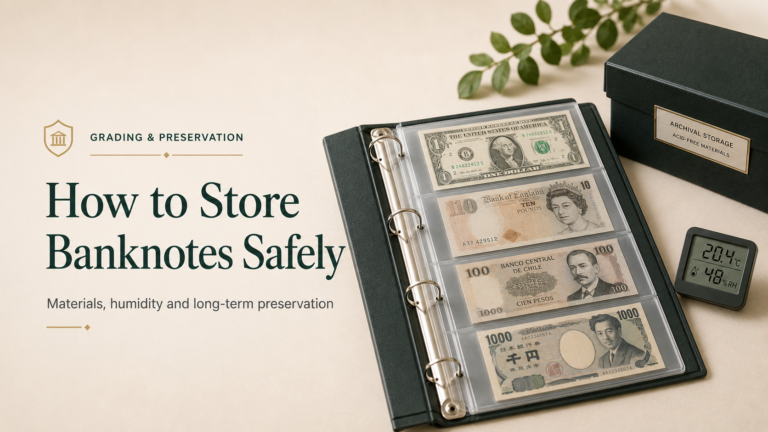 Archival banknote album, storage box and humidity monitor illustrating safe long-term banknote storage.