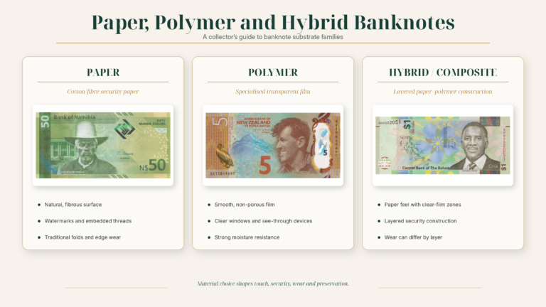 Paper, polymer and hybrid banknotes arranged as three substrate families
