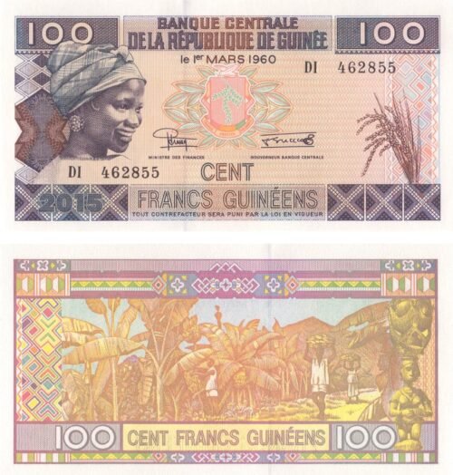 Guinea 100 Francs 2015 P-A47 UNC Banknote &ndash; Obverse and Reverse