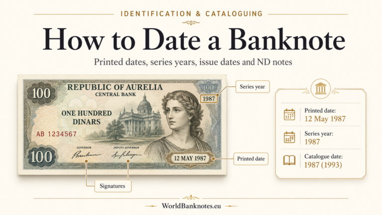 Banknote dating guide showing a generic banknote with a printed date, series year, signatures and a catalogue date record.