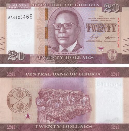 Liberia 20 Dollars 2022 P-39 UNC Banknote &ndash; Obverse and Reverse