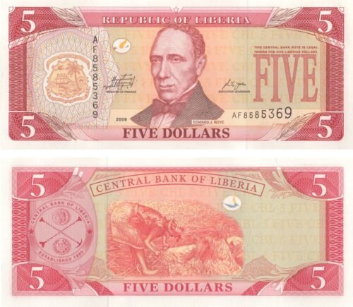 Liberia 5 Dollars 2009 P-26e UNC Banknote &ndash; Obverse and Reverse