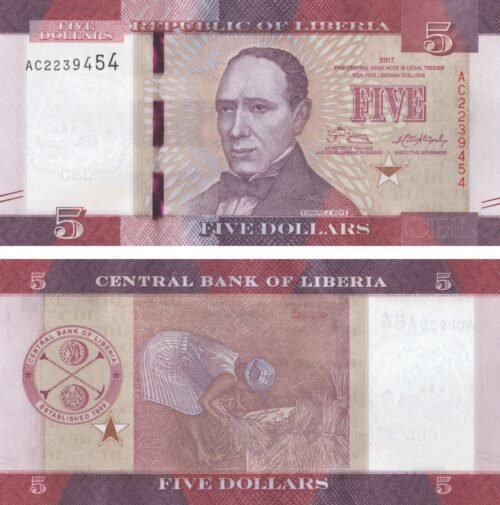 Liberia 5 Dollars 2017 P-31b UNC Banknote &ndash; Obverse and Reverse