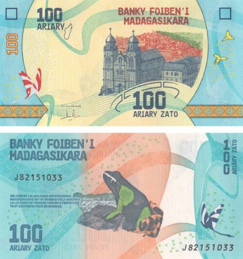 madagascar-100-ariary-2017-p-97-2-unc-obverse-reverse Madagascar 100 Ariary 2017 P-97(2) UNC Banknote – Obverse and Reverse