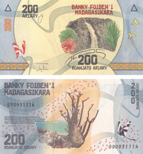 madagascar-200-ariary-2017-p-98-2-unc-obverse-reverse Madagascar 200 Ariary 2017 P-98(2) UNC Banknote – Obverse and Reverse