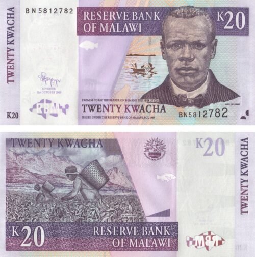 malawi-20-kwacha-2009-p-52d-unc-obverse-reverse Malawi 20 Kwacha 2009 P-52d UNC Banknote – Obverse and Reverse