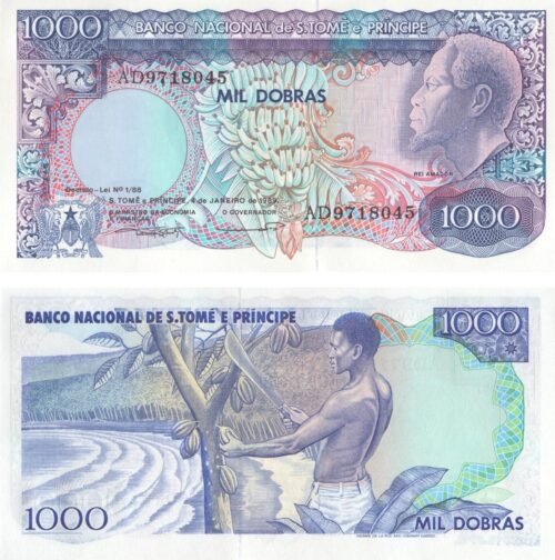 sao-tome-and-principe-1000-dobras-1989-p-62-unc-obverse-reverse Sao Tome and Principe 1000 Dobras 1989 P-62 UNC Banknote – Obverse and Reverse