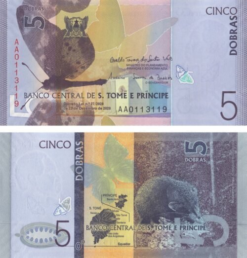 sao-tome-and-principe-5-dobras-2020-p-76-unc-obverse-reverse Sao Tome and Principe 5 Dobras 2020 P-76 UNC Banknote – Obverse and Reverse