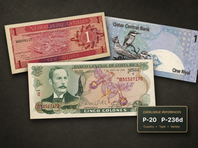 Netherlands Antilles, Qatar and Costa Rica banknotes illustrating Pick references P-20 and P-236d