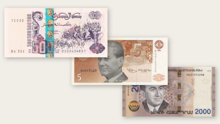 Banknotes of Algeria, Estonia and Armenia showing war elephants, Paul Keres and Tigran Petrosian
