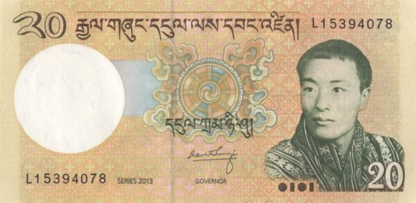 Bhutan 20 Ngultrum 2013 P-30b UNC Banknote – Obverse