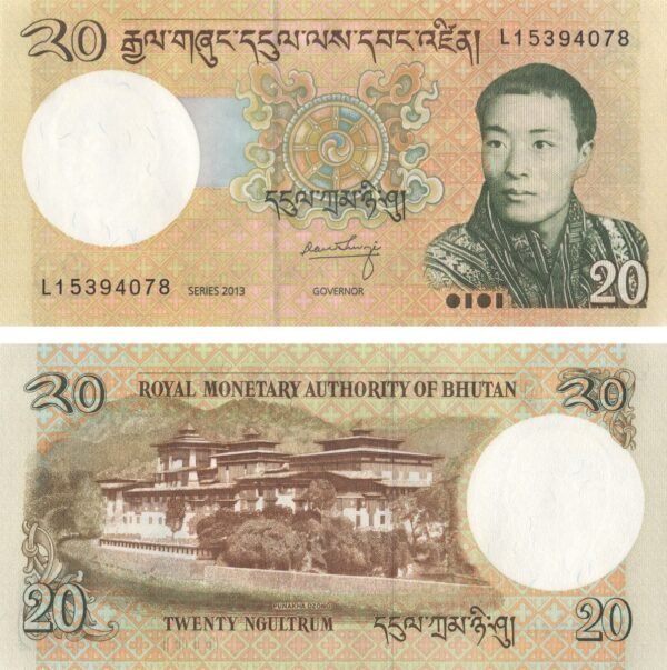 Bhutan 20 Ngultrum 2013 P-30b UNC Banknote – Obverse and Reverse
