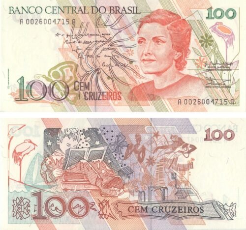 Brazil 100 Cruzeiros 1990 P-228 UNC Banknote – Obverse and Reverse