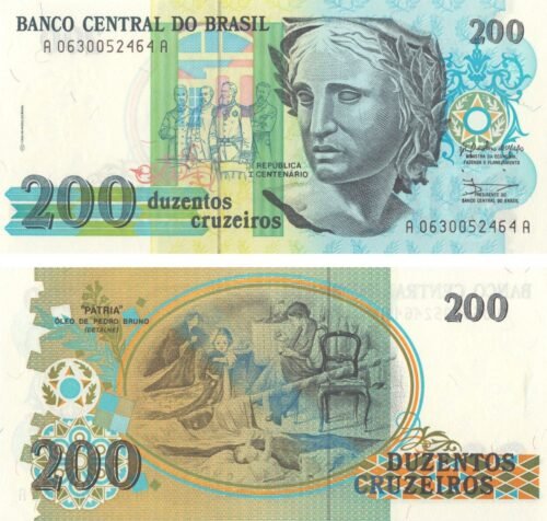 Brazil 200 Cruzeiros 1990 P-229 UNC Banknote – Obverse and Reverse