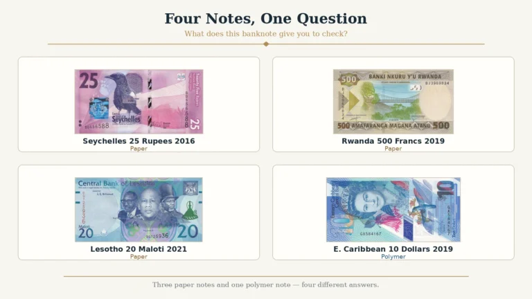 Four modern banknotes compared: Seychelles 25 rupees, Rwanda 500 francs, Lesotho 20 maloti and Eastern Caribbean 10 dollars