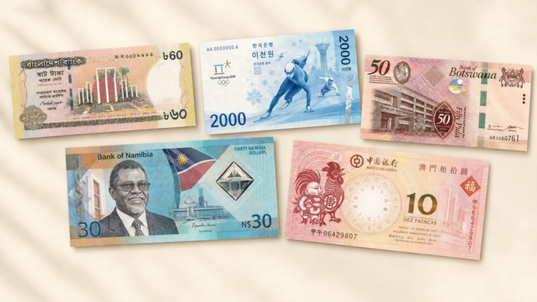 Commemorative banknotes from Bangladesh, Botswana, Fiji and Namibia arranged for a collector’s guide