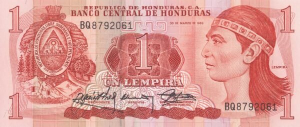 honduras-1-lempira-1989-p-68c-unc-obverse Honduras 1 Lempira 1989 P-68c UNC Banknote – Obverse