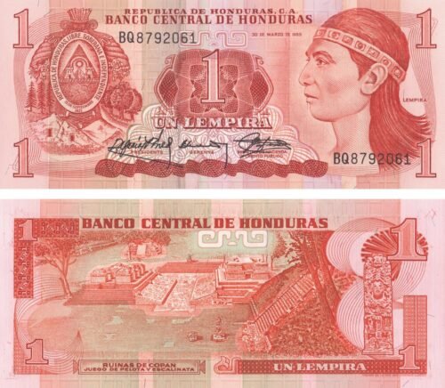 honduras-1-lempira-1989-p-68c-unc-obverse-reverse Honduras 1 Lempira 1989 P-68c UNC Banknote – Obverse and Reverse