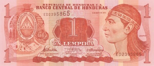 honduras-1-lempira-2010-p-89b-unc-obverse Honduras 1 Lempira 2010 P-89b UNC Banknote – Obverse