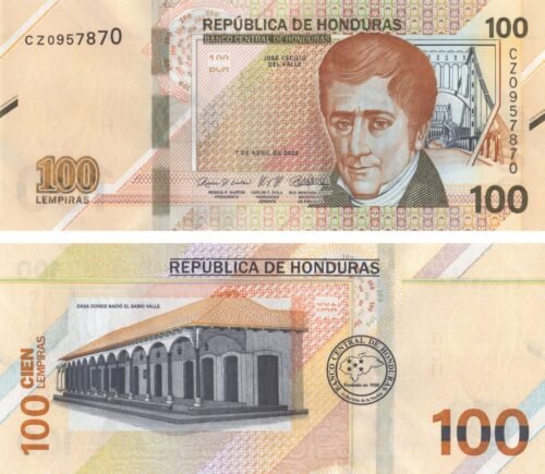 honduras-100-lempiras-2022-p-112-unc-obverse-reverse Honduras 100 Lempiras 2022 P-112 UNC Banknote – Obverse and Reverse