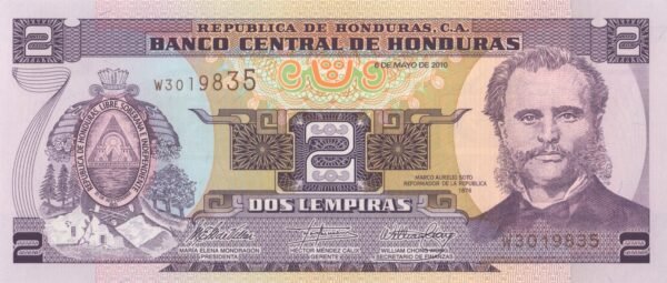Honduras 2 Lempiras 2010 P-80Ah UNC Banknote – Obverse