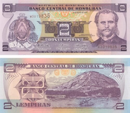 honduras-2-lempiras-2010-p-80ah-unc-obverse-reverse Honduras 2 Lempiras 2010 P-80Ah UNC Banknote – Obverse and Reverse