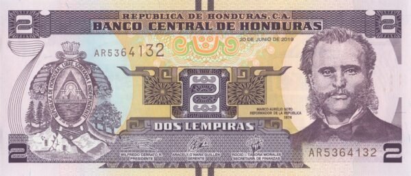 Honduras 2 Lempiras 2019 P-97 UNC Banknote – Obverse