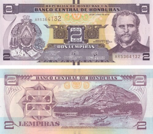 Honduras 2 Lempiras 2019 P-97 UNC Banknote – Obverse and Reverse