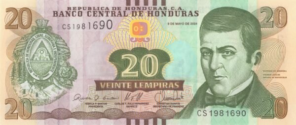 Honduras 20 Lempiras 2024 P-100f UNC Banknote – Obverse
